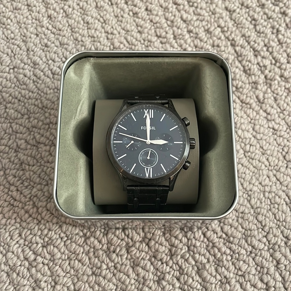 EUC Fossil Watch.  Fenmore Multifunction Smoke Stainless Steel Watch